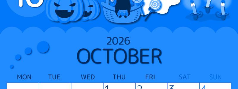 2026年10月縦型月曜始まり 行事イラストのかわいいA4無料ブルーのカレンダー(2026-00871011)