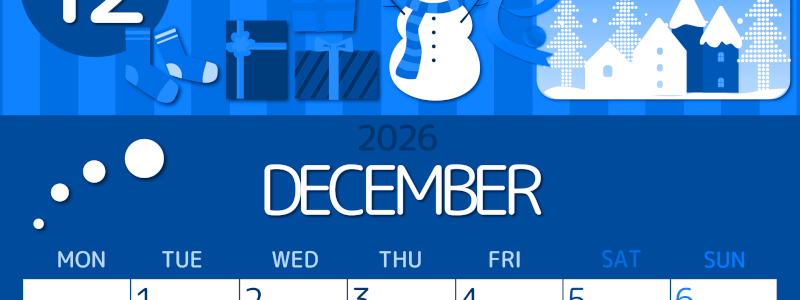 2026年12月縦型月曜始まり 雪だるまイラストのかわいいA4無料ブルーのカレンダー(2026-00871211)