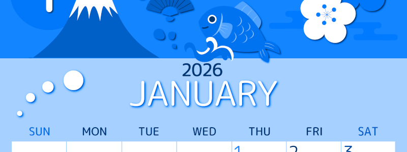 2026年1月縦型日曜始まり 和風な新年イラストのかわいいA4無料ブルーのカレンダー(2026-00870110)