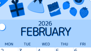 2026年2月縦型日曜始まり プレゼントがかわいいイラストA4無料ブルーのカレンダー(2026-00870210)