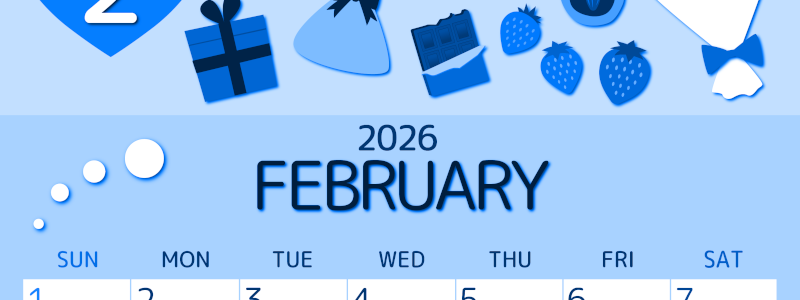 2026年2月縦型日曜始まり プレゼントがかわいいイラストA4無料ブルーのカレンダー(2026-00870210)