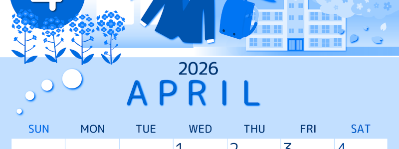 2026年4月縦型日曜始まり 入学式イラストのかわいいA4無料ブルーのカレンダー(2026-00870410)