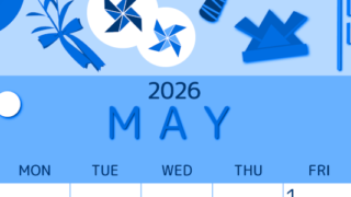 2026年5月縦型日曜始まり イベントイラストのかわいいA4無料ブルーのカレンダー(2026-00870510)