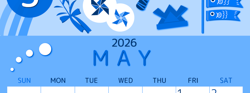 2026年5月縦型日曜始まり イベントイラストのかわいいA4無料ブルーのカレンダー(2026-00870510)