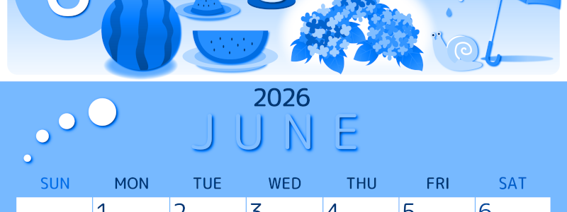 2026年6月縦型日曜始まり すいかイラストのかわいいA4無料ブルーのカレンダー(2026-00870610)