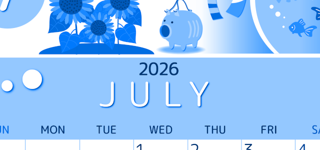 2026年7月縦型日曜始まり 蚊取り線香イラストのかわいいA4無料ブルーのカレンダー(2026-00870710)