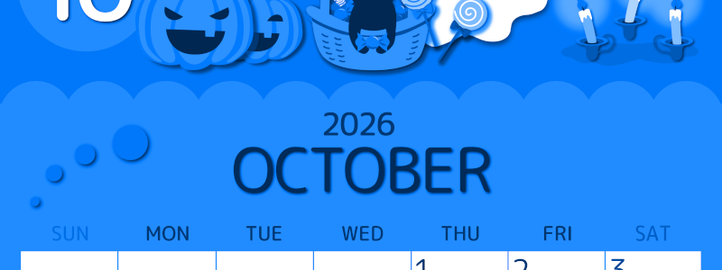 2026年10月縦型日曜始まり 行事イラストのかわいいA4無料ブルーのカレンダー(2026-00871010)