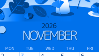 2026年11月縦型日曜始まり きのこイラストのかわいいA4無料ブルーのカレンダー(2026-00871110)