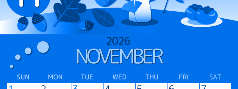 2026年11月縦型日曜始まり きのこイラストのかわいいA4無料ブルーのカレンダー(2026-00871110)