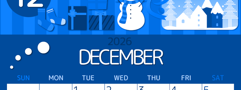 2026年12月縦型日曜始まり 雪だるまイラストのかわいいA4無料ブルーのカレンダー(2026-00871210)