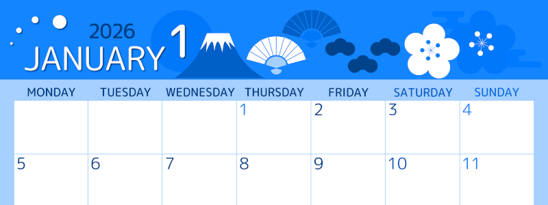 2026年1月横型月曜始まり 和風な元旦イラストのかわいいA4無料ブルーのカレンダー(2026-00870101)