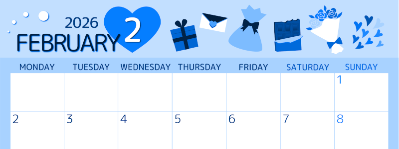 2026年2月横型月曜始まり プレゼントがかわいいイラストA4無料ブルーのカレンダー(2026-00870201)