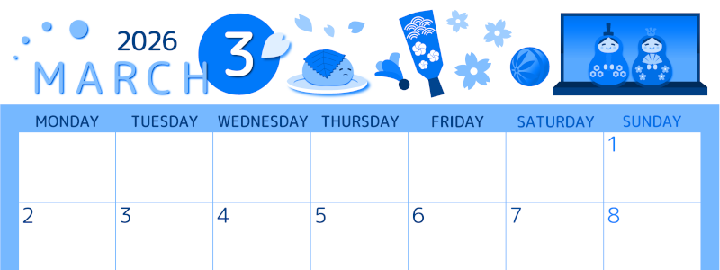 2026年3月横型月曜始まり 桜花弁イラストのかわいいA4無料ブルーのカレンダー(2026-00870301)
