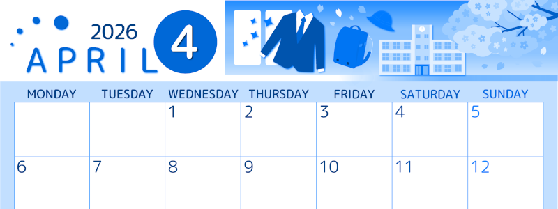 2026年4月横型月曜始まり 入学式イラストのかわいいA4無料ブルーのカレンダー(2026-00870401)