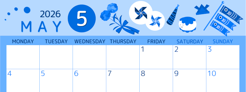 2026年5月横型月曜始まり イベントイラストのかわいいA4無料ブルーのカレンダー(2026-00870501)