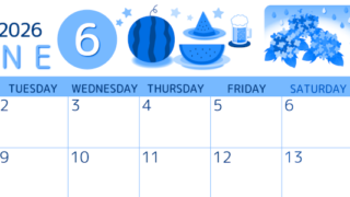 2026年6月横型月曜始まり すいかイラストのかわいいA4無料ブルーのカレンダー(2026-00870601)