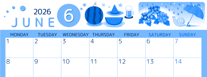 2026年6月横型月曜始まり すいかイラストのかわいいA4無料ブルーのカレンダー(2026-00870601)
