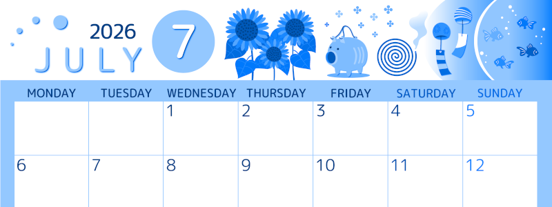 2026年7月横型月曜始まり 蚊取り線香イラストのかわいいA4無料ブルーのカレンダー(2026-00870701)