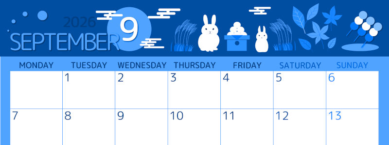 2026年9月横型月曜始まり 十五夜イラストのかわいいA4無料ブルーのカレンダー(2026-00870901)