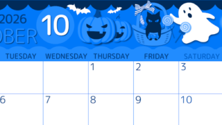 2026年10月横型月曜始まり 行事イラストのかわいいA4無料ブルーのカレンダー(2026-00871001)
