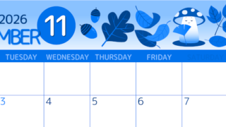 2026年11月横型月曜始まり きのこイラストのかわいいA4無料ブルーのカレンダー(2026-00871101)