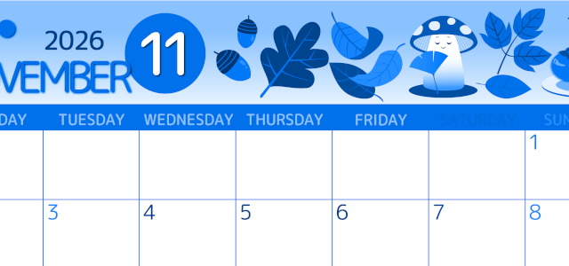 2026年11月横型月曜始まり きのこイラストのかわいいA4無料ブルーのカレンダー(2026-00871101)