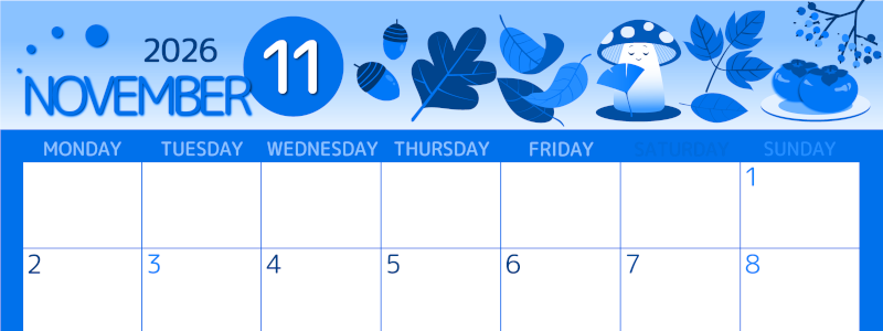 2026年11月横型月曜始まり きのこイラストのかわいいA4無料ブルーのカレンダー(2026-00871101)