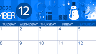 2026年12月横型月曜始まり 雪だるまイラストのかわいいA4無料ブルーのカレンダー(2026-00871201)