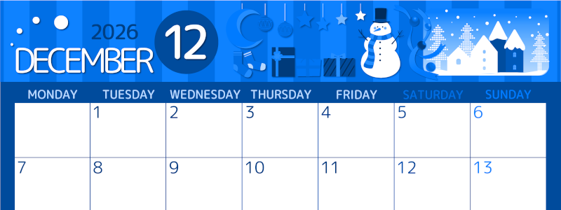 2026年12月横型月曜始まり 雪だるまイラストのかわいいA4無料ブルーのカレンダー(2026-00871201)