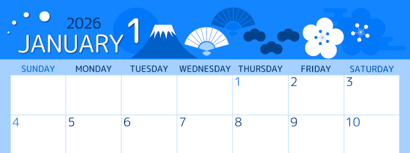 2026年1月横型日曜始まり 和風な正月イラストのかわいいA4無料ブルーのカレンダー(2026-00870100)