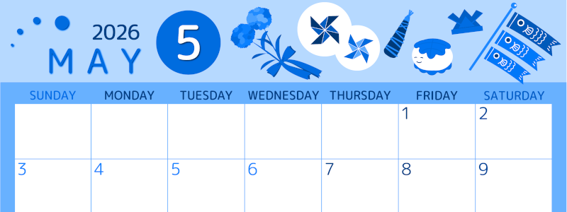 2026年5月横型日曜始まり イベントイラストのかわいいA4無料ブルーのカレンダー(2026-00870500)