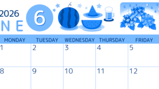 2026年6月横型日曜始まり すいかイラストのかわいいA4無料ブルーのカレンダー(2026-00870600)