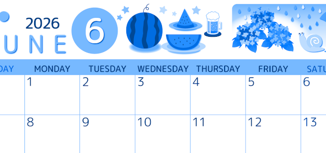 2026年6月横型日曜始まり すいかイラストのかわいいA4無料ブルーのカレンダー(2026-00870600)