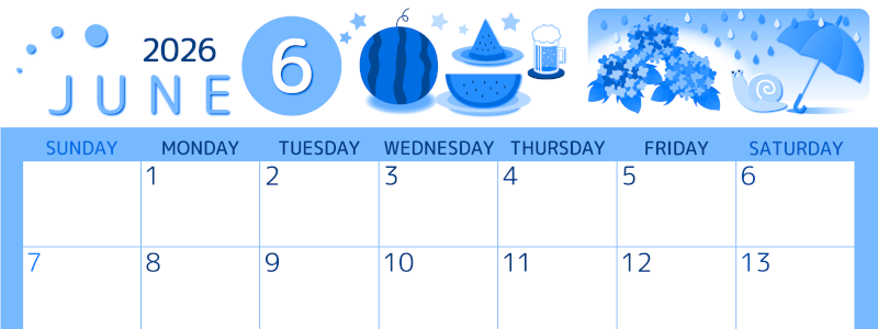 2026年6月横型日曜始まり すいかイラストのかわいいA4無料ブルーのカレンダー(2026-00870600)
