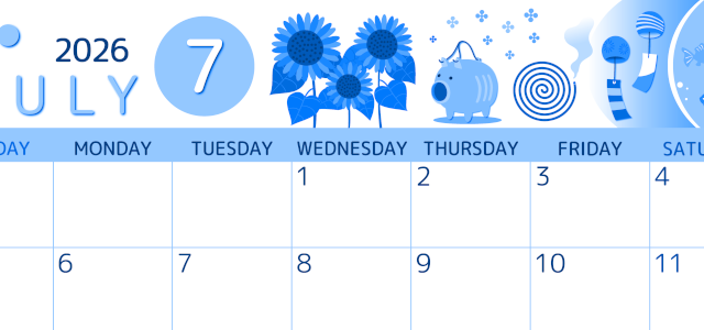 2026年7月横型日曜始まり 蚊取り線香イラストのかわいいA4無料ブルーのカレンダー(2026-00870700)
