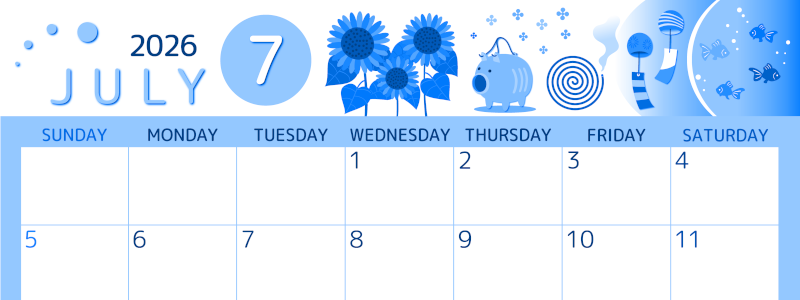 2026年7月横型日曜始まり 蚊取り線香イラストのかわいいA4無料ブルーのカレンダー(2026-00870700)