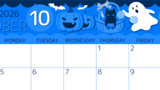 2026年10月横型日曜始まり 行事イラストのかわいいA4無料ブルーのカレンダー(2026-00871000)