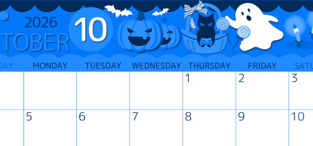 2026年10月横型日曜始まり 行事イラストのかわいいA4無料ブルーのカレンダー(2026-00871000)
