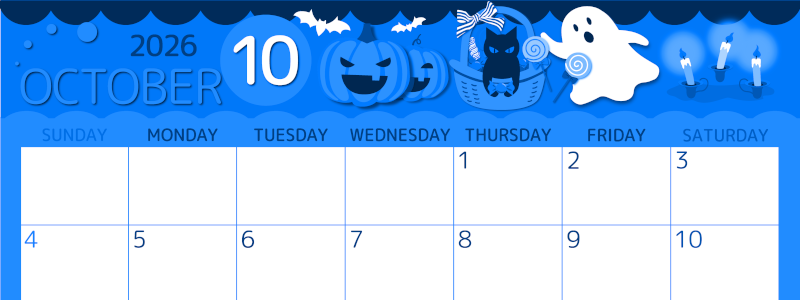 2026年10月横型日曜始まり 行事イラストのかわいいA4無料ブルーのカレンダー(2026-00871000)