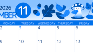 2026年11月横型日曜始まり きのこイラストのかわいいA4無料ブルーのカレンダー(2026-00871100)