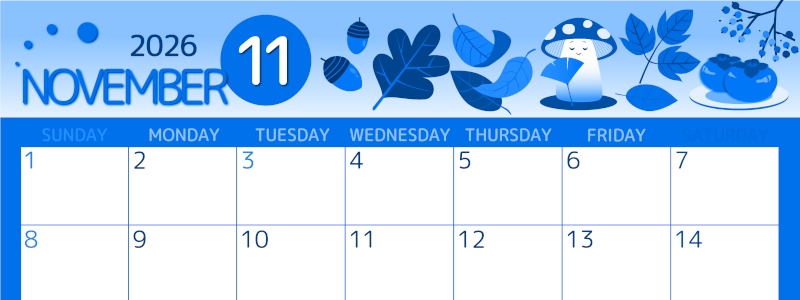 2026年11月横型日曜始まり きのこイラストのかわいいA4無料ブルーのカレンダー(2026-00871100)