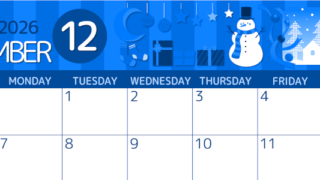2026年12月横型日曜始まり 雪だるまイラストのかわいいA4無料ブルーのカレンダー(2026-00871200)