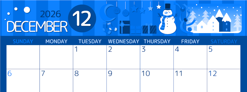 2026年12月横型日曜始まり 雪だるまイラストのかわいいA4無料ブルーのカレンダー(2026-00871200)