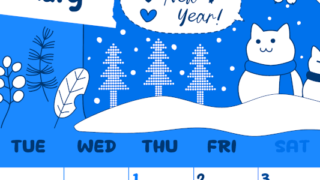 2026年1月縦型月曜始まり ポップな雪イラストのかわいいA4無料ブルーのカレンダー(2026-00880111)
