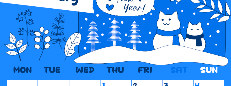 2026年1月縦型月曜始まり ポップな雪イラストのかわいいA4無料ブルーのカレンダー(2026-00880111)