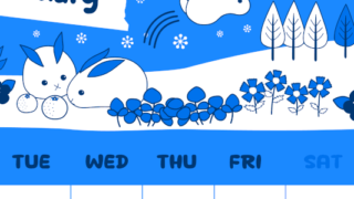 2026年2月縦型月曜始まり ポップかわいいイラストA4無料ブルーのカレンダー(2026-00880211)