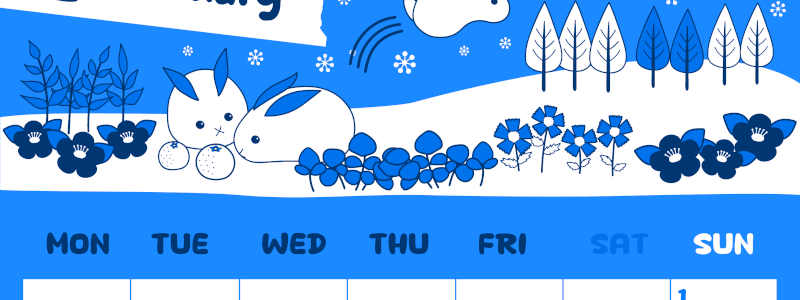 2026年2月縦型月曜始まり ポップかわいいイラストA4無料ブルーのカレンダー(2026-00880211)