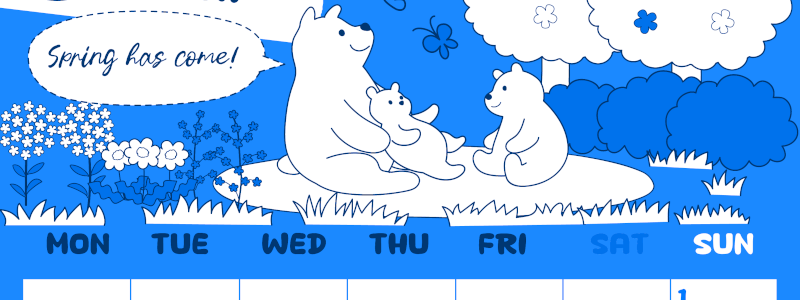 2026年3月縦型月曜始まり ポップかわいい白熊イラストのA4無料ブルーのカレンダー(2026-00880311)