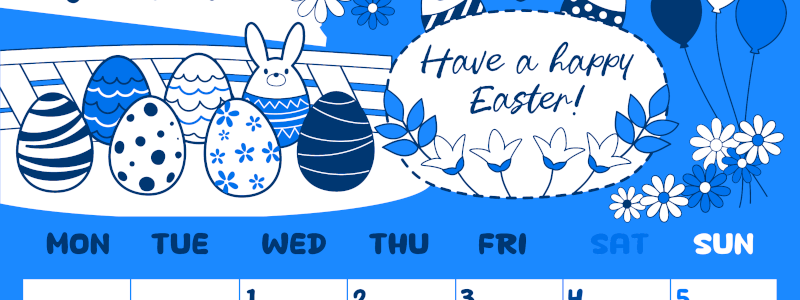 2026年4月縦型月曜始まり イースターエッグイラストのかわいいA4無料ブルーのカレンダー(2026-00880411)