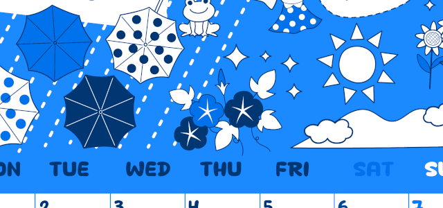 2026年6月縦型月曜始まり 季節イラストのかわいいA4無料ブルーのカレンダー(2026-00880611)